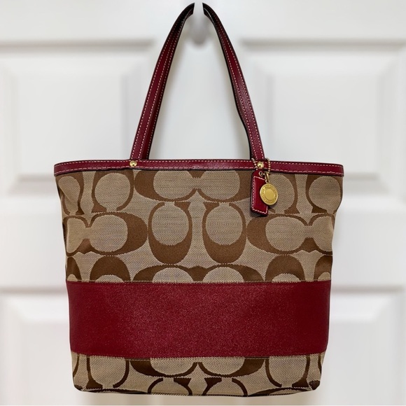 Coach Handbags - Coach Signature Jacquard Burgundy Sripe Tote With Leather Trim Y2K
